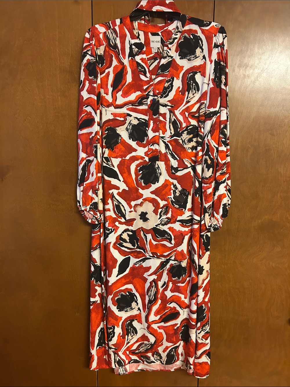 NIC+ZOE Floral Print Long Sleeve Midi Dress - Red & Black